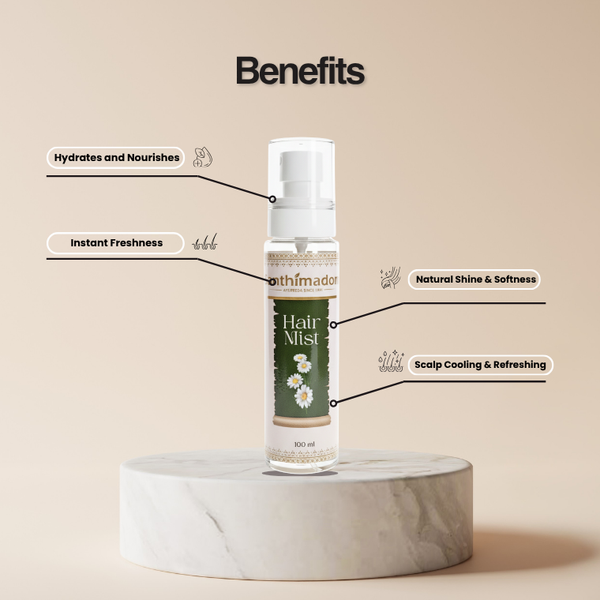 Benefits of Santhimadom Ayurveda Hair Mist 100ml packaging