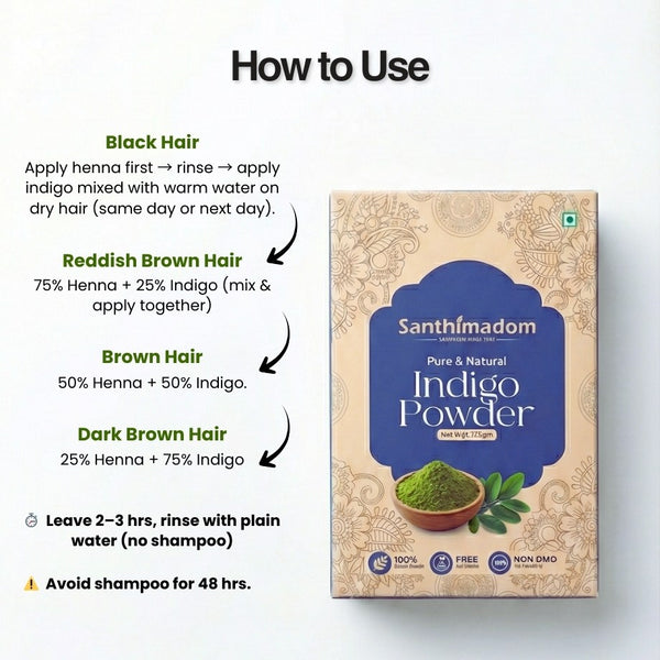 Natural indigo powder used for chemical-free black and brown hair colouring