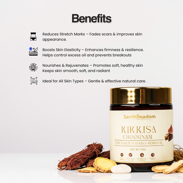 Benefits of Santhimadom Ayurveda Kikkisa Choornam 200g packaging