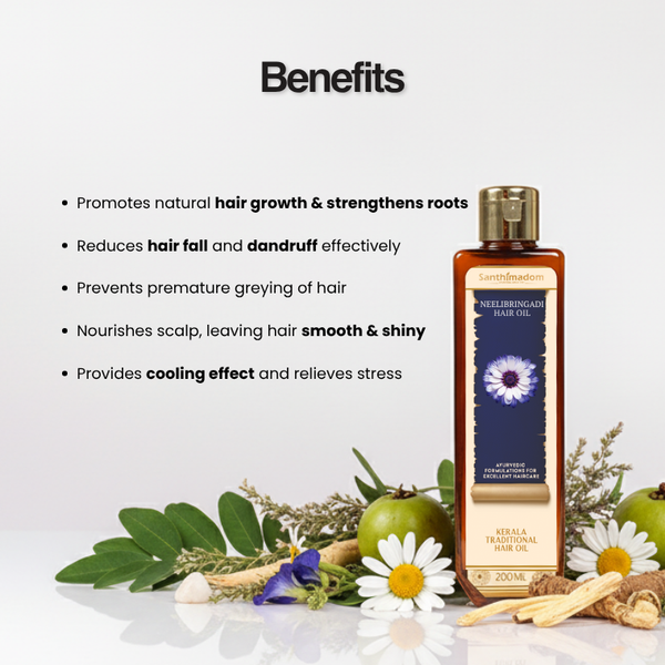 Benefits of Santhimadom Ayurveda Neelibringadi Hair Oil packaging
