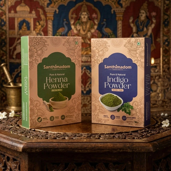 Santhimadom Ayurveda 100% plant-based herbal hair color for natural black hair and grey coverage