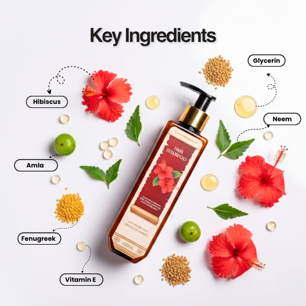 Key ingredients of Santhimadom Ayurveda Anti Hair Loss Herbal Shampoo packaging