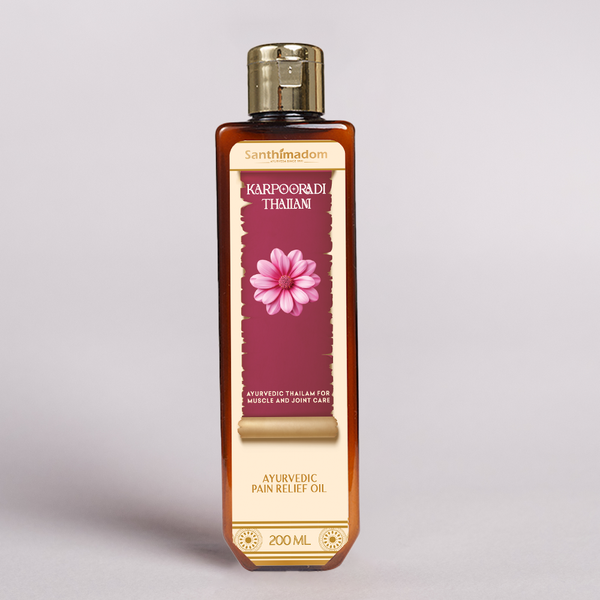 Santhimadom Ayurveda Karpooradi Thailam for muscle soreness, joint stiffness, and body wellness