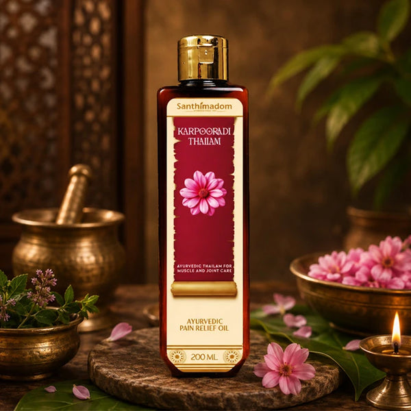 Santhimadom Ayurveda Karpooradi Thailam for muscle soreness, joint stiffness, and body wellness