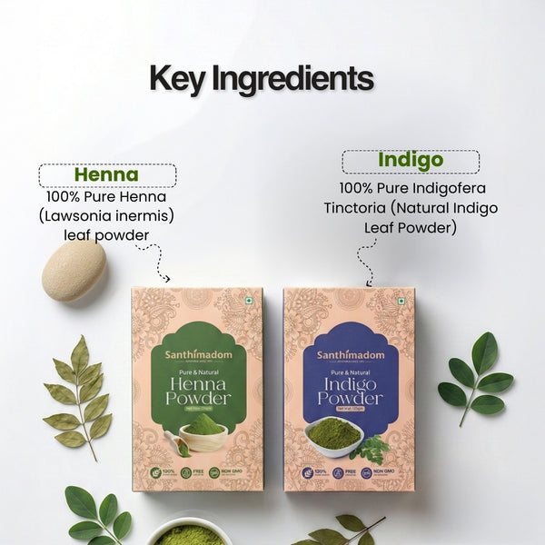 Natural black herbal hair color key ingredients by Santhimadom Ayurveda