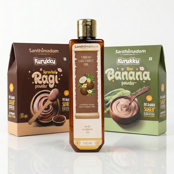 Santhimadom First Growth Bundle with Ragi Kurukku, Banana Kurukku, and Virgin Coconut Oil for baby nutrition